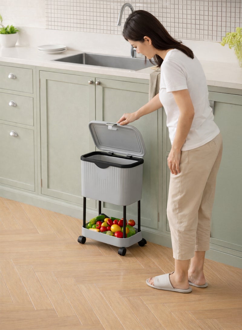 Toshionics 2-Layer Slim Kitchen Trash Can with Storage Shelf & Wheels | Covered Garbage Bin Organizer with Sliding Lid | Narrow Wastebasket for Bathroom, Bedroom, Living Room & Office - Image 1